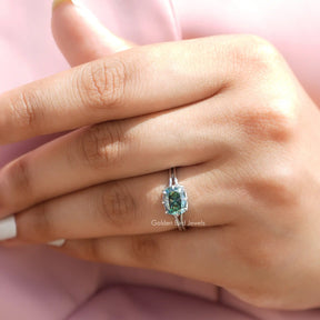 Detailed View Of Solitaire Cushion Cut Moissanite Engagement Ring In White Gold