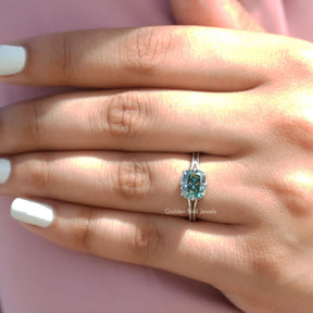 Close-Up View of Green Cushion Cut Moissanite Engagement Ring In White Gold