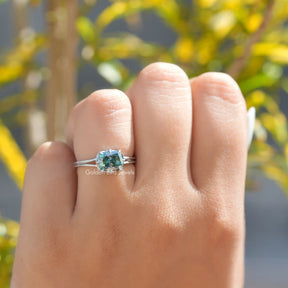 View of Green Elongated Cushion Cut Moissanite Engagement Ring In White Gold