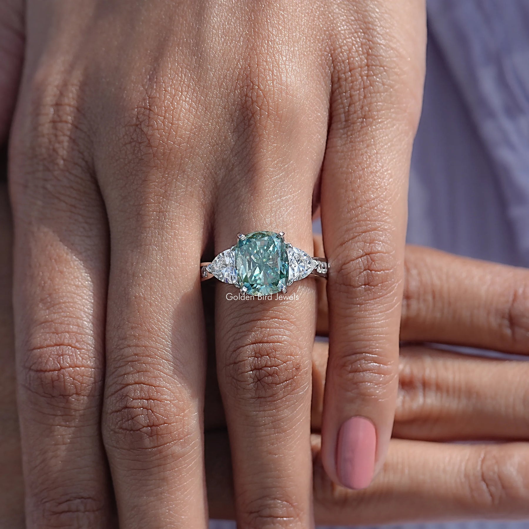 Elongated Cushion Moissanite Three Stone Engagement Ring