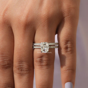 Detailed View Of Moissanite Cushion Cut Ring With Eternity Band In White Gold