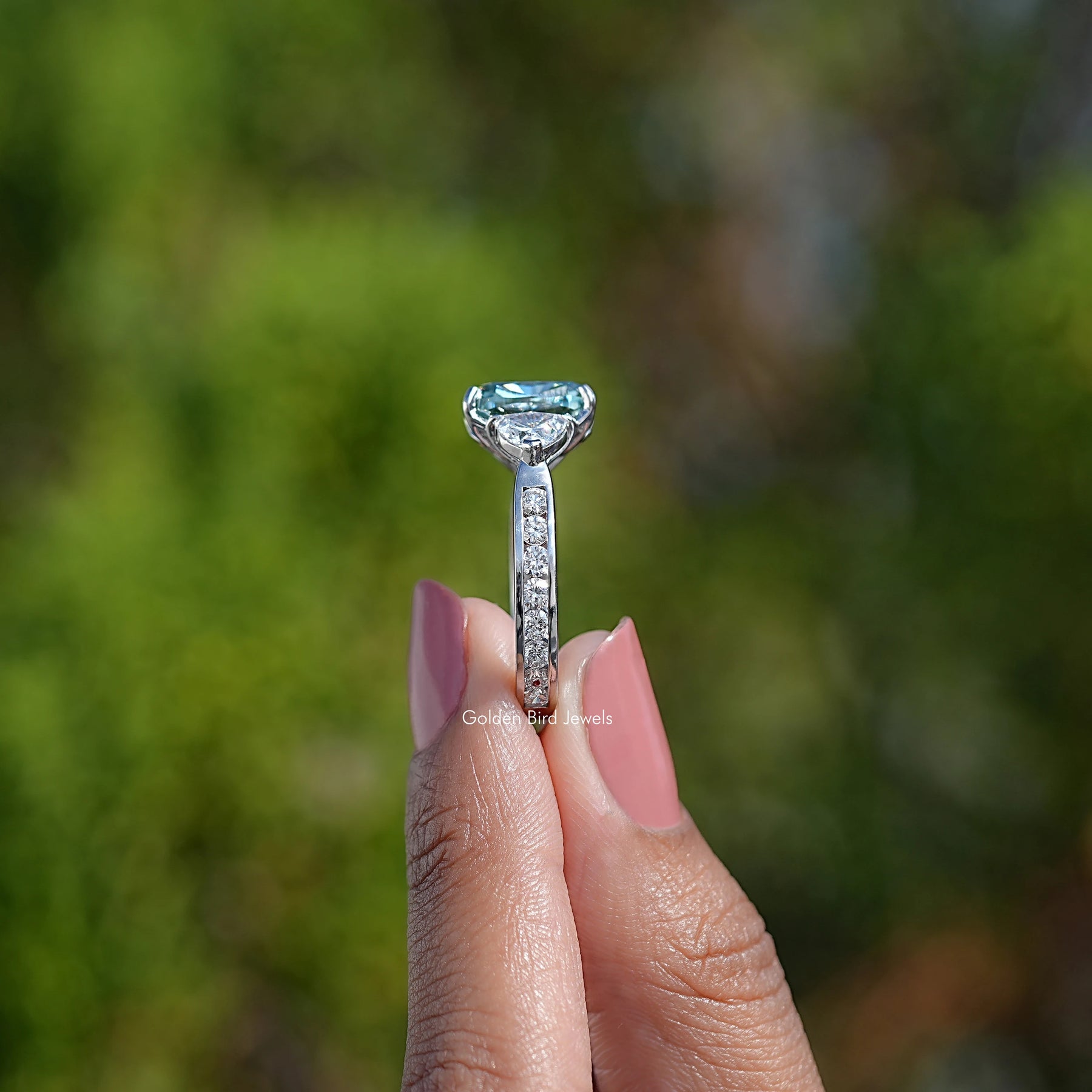 Elongated Cushion Moissanite Three Stone Engagement Ring