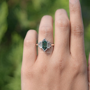 In finger view of Hexagon Cut Moissanite Five Stone Ring
