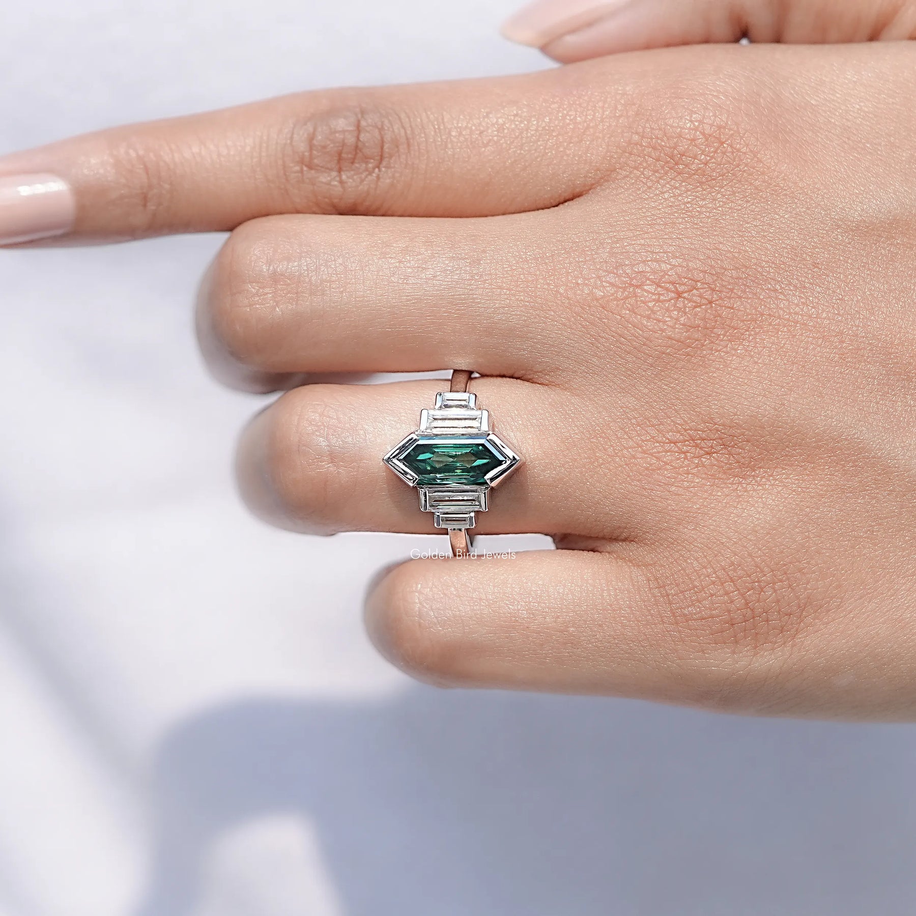 Top view of Hexagon Cut Moissanite Five Stone Ring for women 's wear
