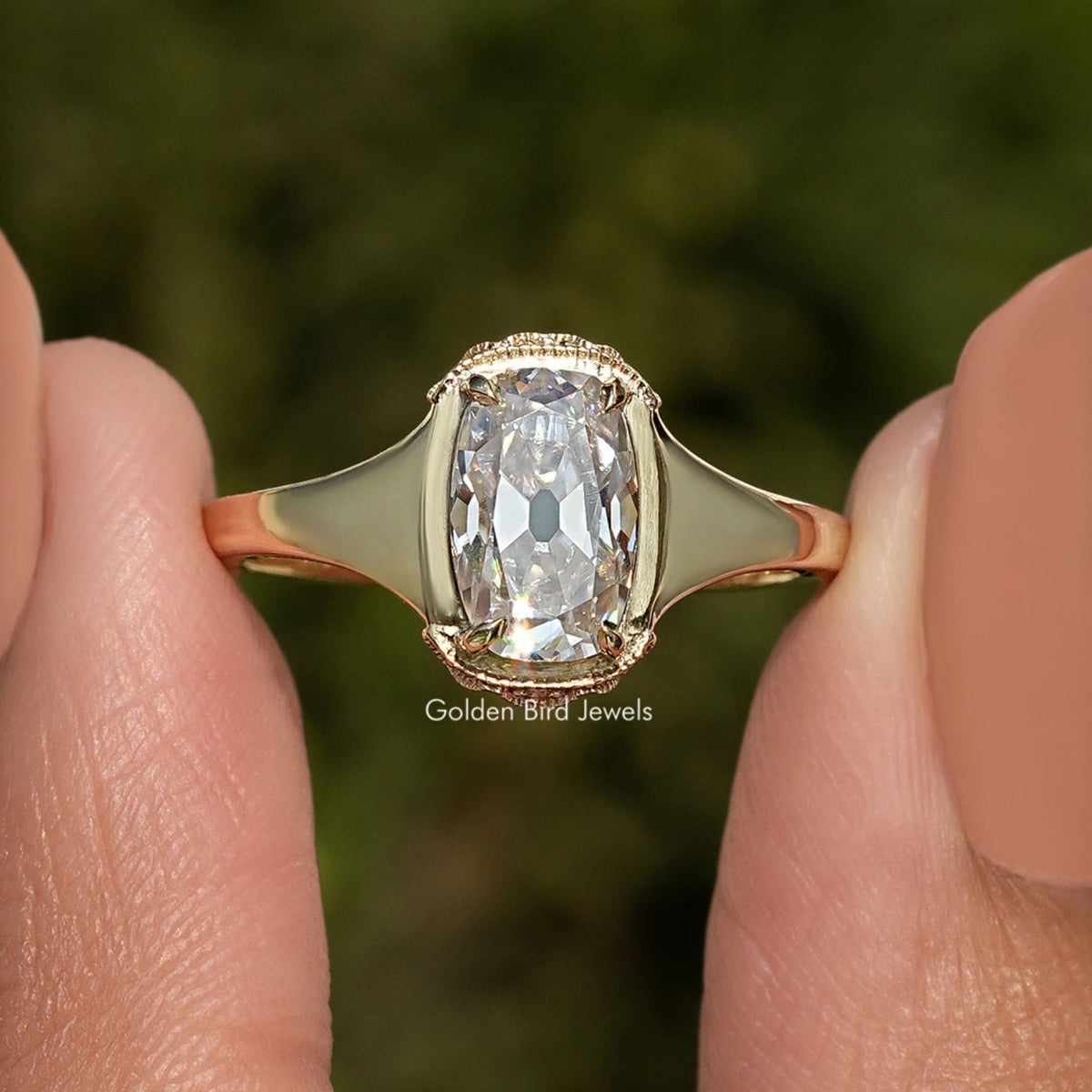 Elongated Old Mine Cushion Cut Moissanite Ring