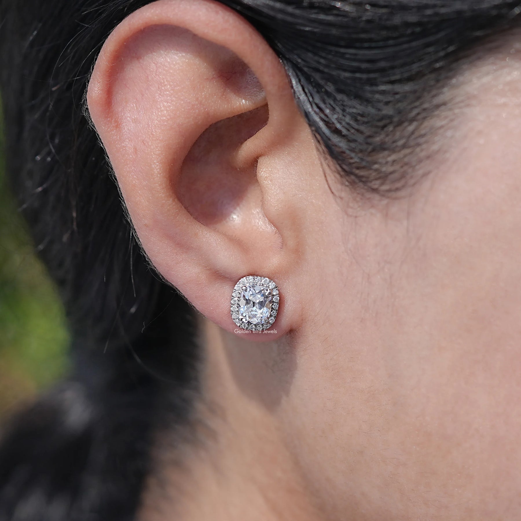 Front View of Old Mine Cushion Cut Diamond Halo Earrings In Women Ear 's