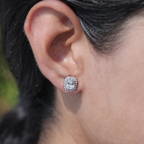 Front View of Old Mine Cushion Cut Diamond Halo Earrings In Women Ear 's