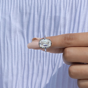 In finger front View of Elongated Old Mine Cushion Cut Moissanite Ring In White Gold