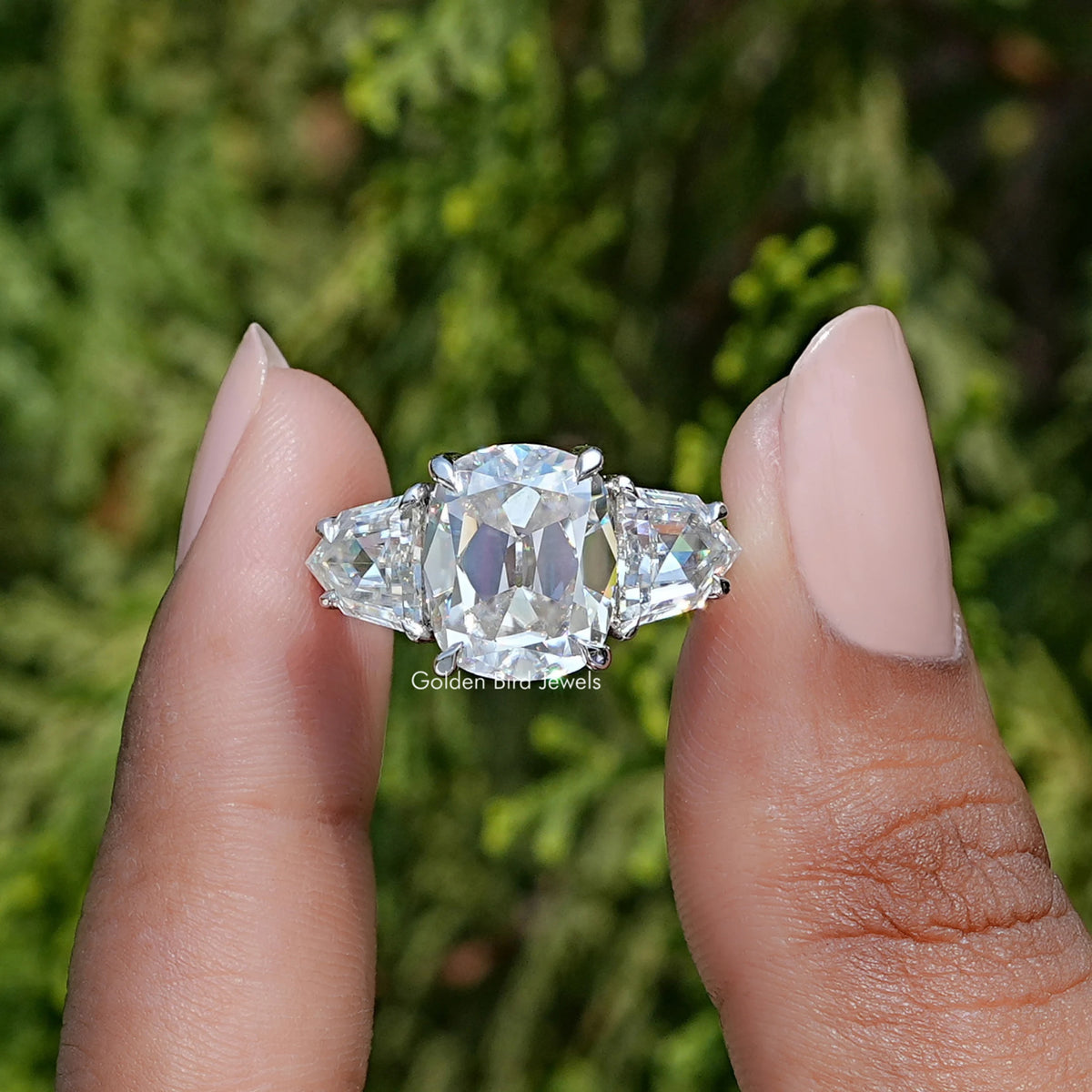 View of old mine elongated cushion cut moissanite three stone Wedding Ring