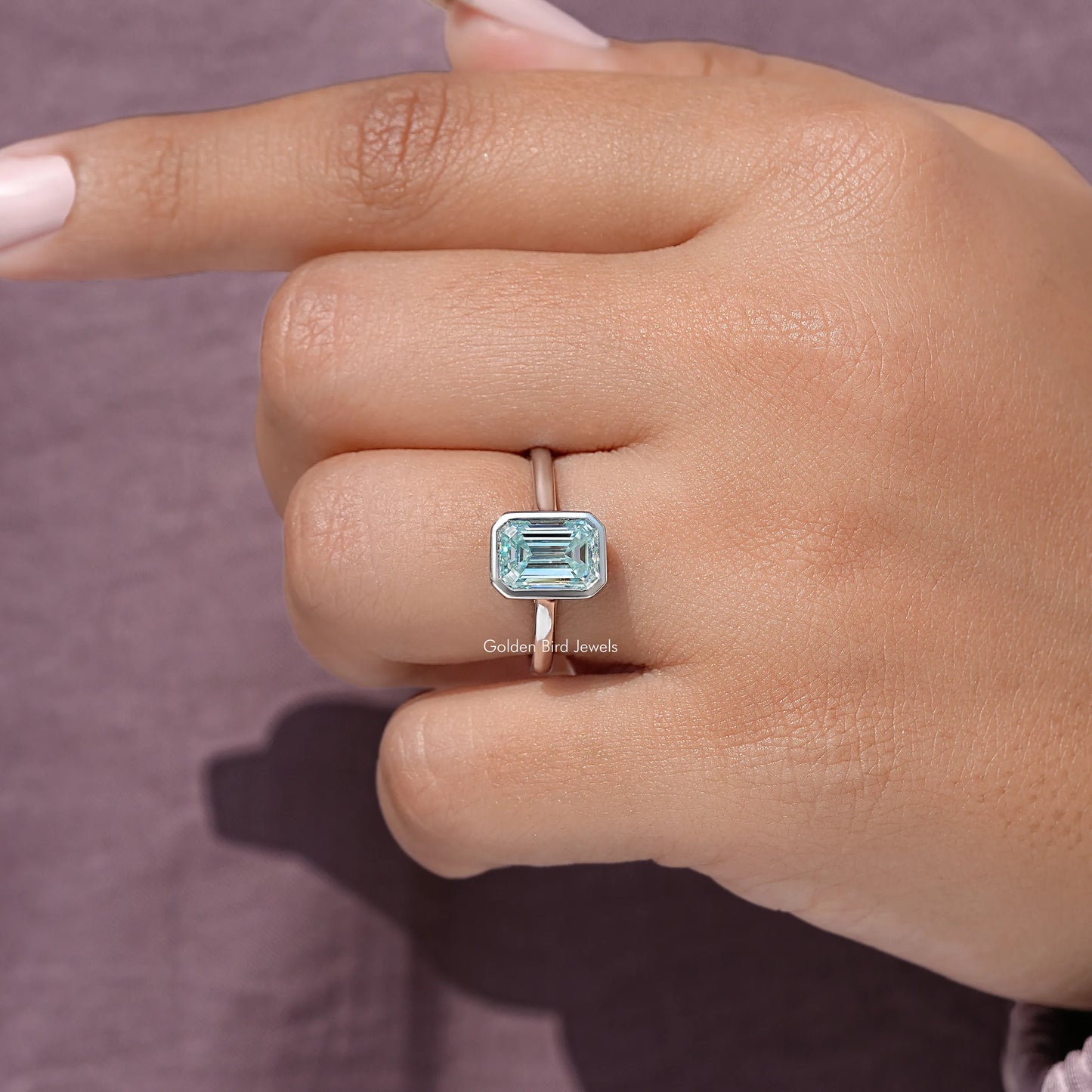 Blue Emerald Gemstone Bezel Set Moissanite Ring
