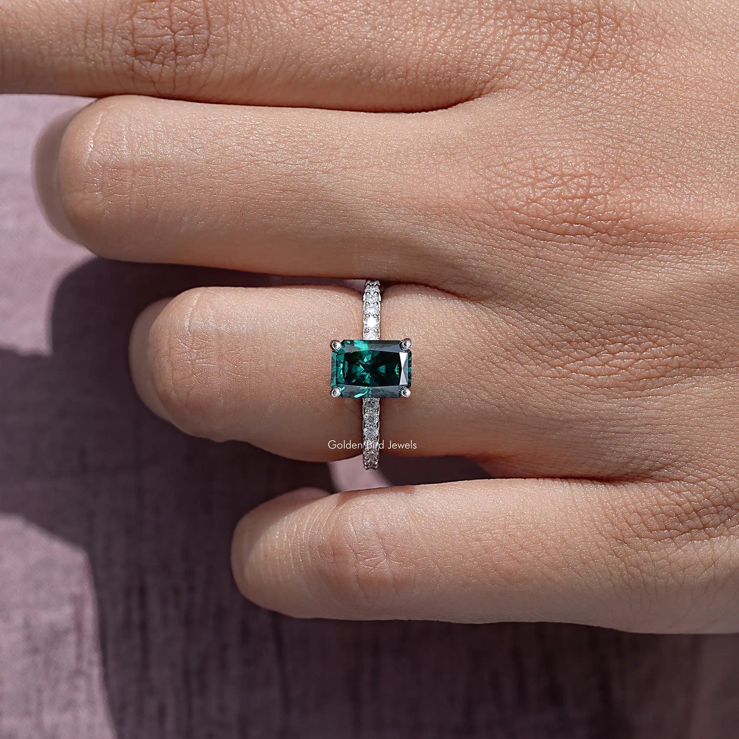 Green Radiant Moissanite Gemstone Solitaire Accent Ring