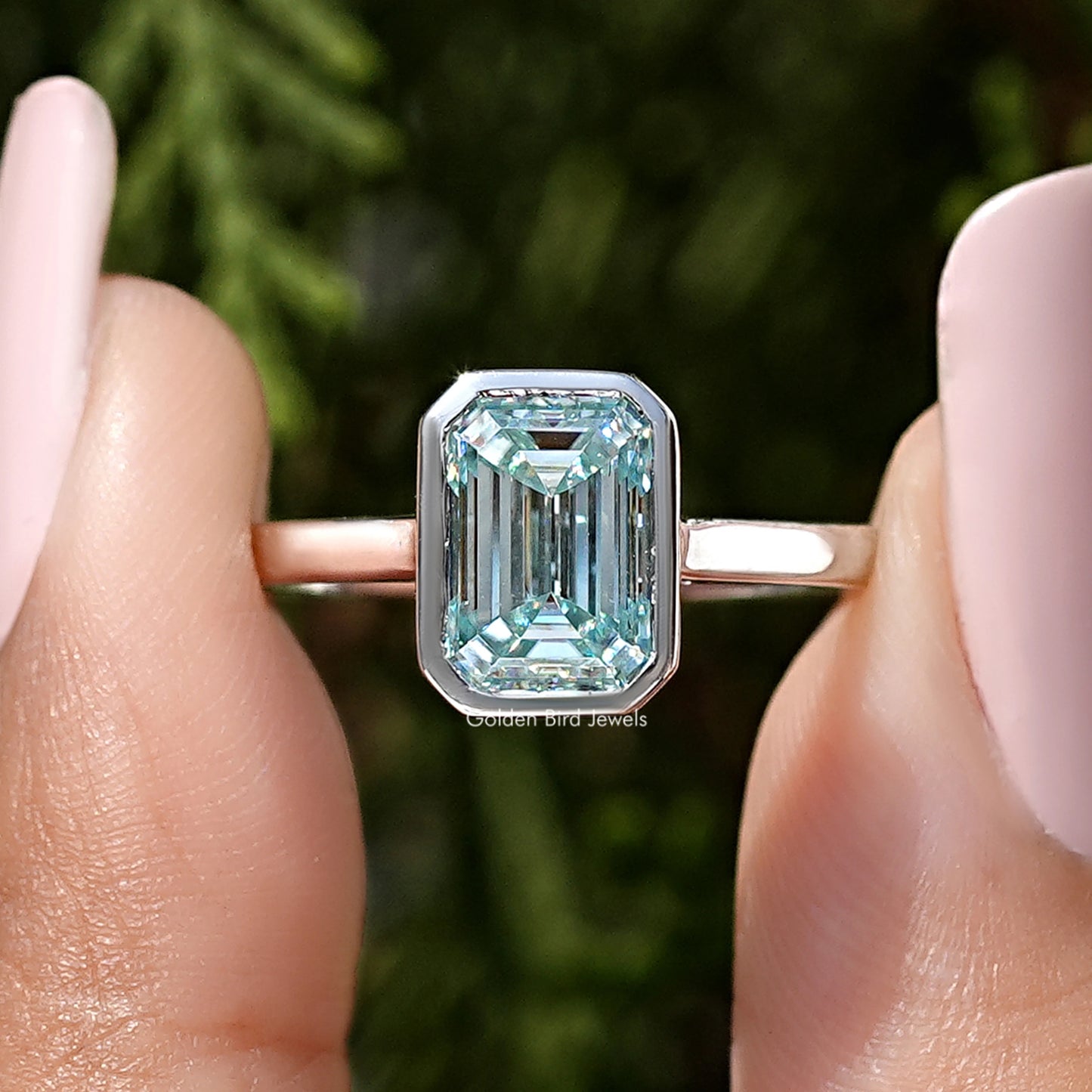 Blue Emerald Gemstone Bezel Set Moissanite Ring
