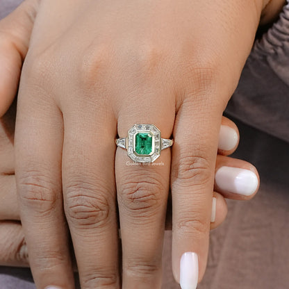Green Emerald Halo Gemstone Engagement Ring