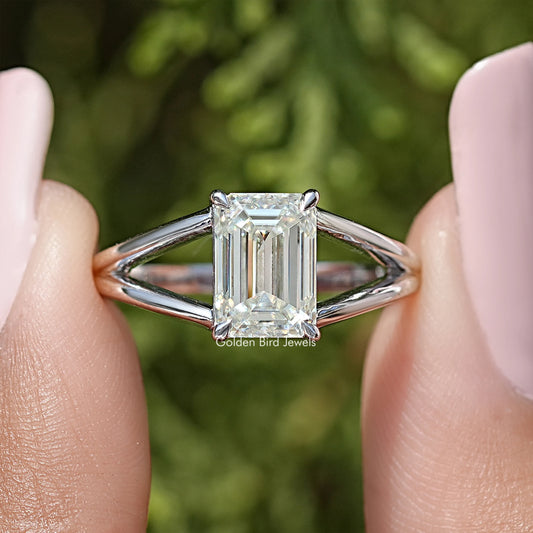 Emerald Cut Moissanite Gemstone Split Shank Ring