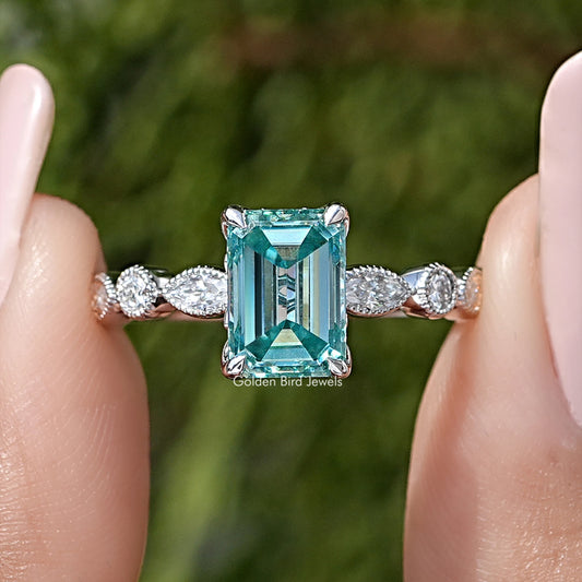 Emerald Cut Moissanite Gemstone Engagement Ring