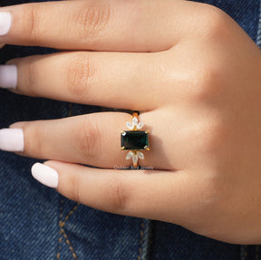 View of Emerald Cut Moissanite Ring In White Gold