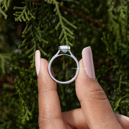 Blue Emerald Gemstone Bezel Set Moissanite Ring