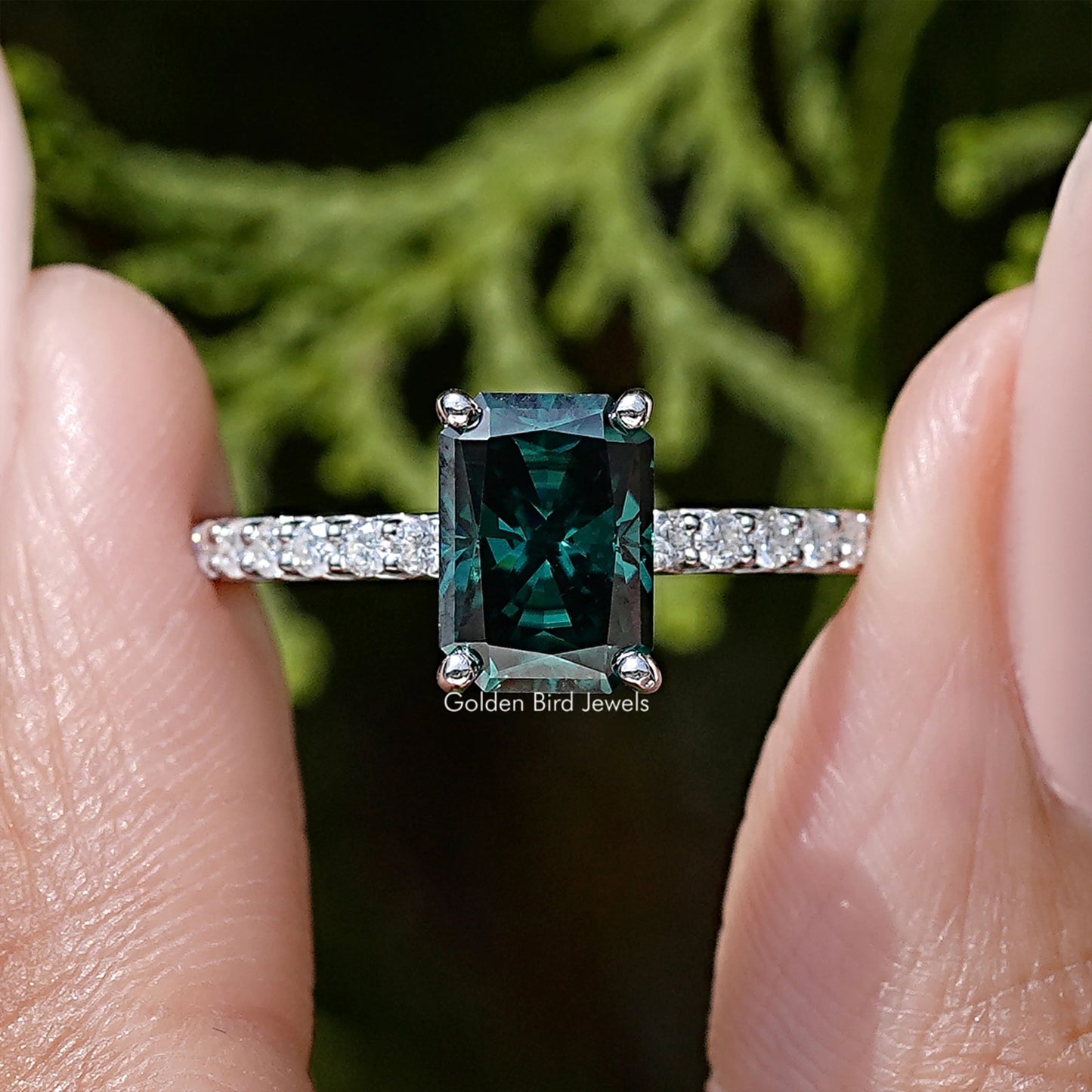 Green Radiant Moissanite Gemstone Solitaire Accent Ring