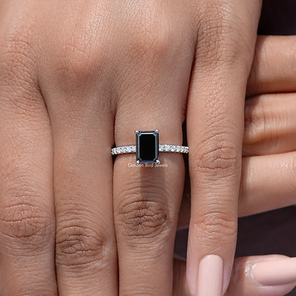 Black Emerald Cut Moissanite Gemstone Accent Ring
