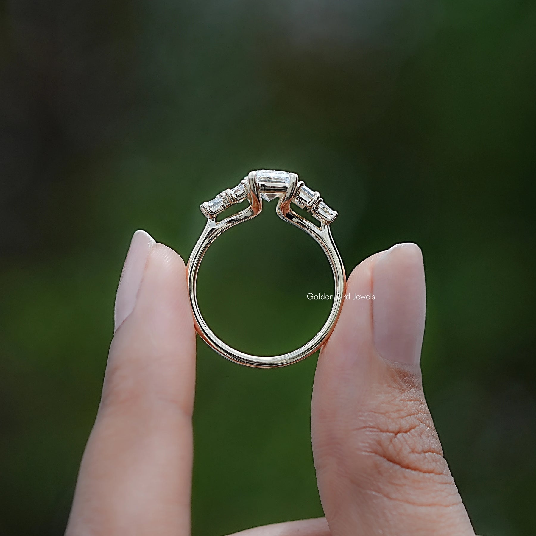 Back view of Emerald And Baguette Lab Diamond Five Stone Ring