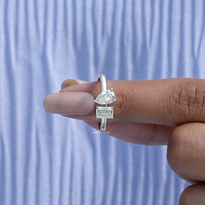 In finger front View of Pear Cut Lab Diamond Two Stone Ring In White Gold
