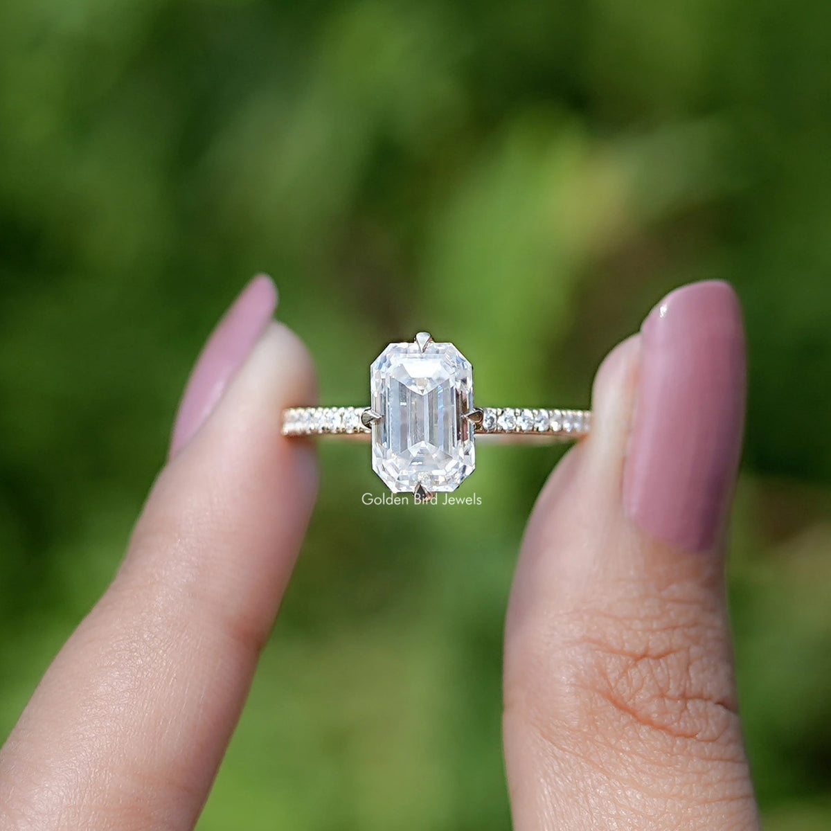 Emerald Cut Moissanite Hidden Halo Engagement Ring