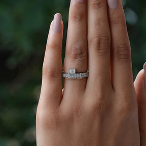 Close-Up View of Emerald Cut Moissanite Pave Ring In Yellow Gold