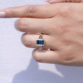 View of Moissanite Emerald Engagement Ring in prongs setting 
