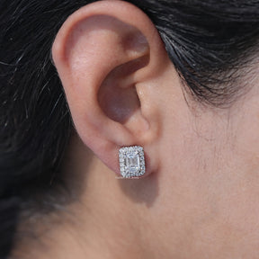 Front View Of Emerald Shaped Diamond Stud Earrings In White Gold