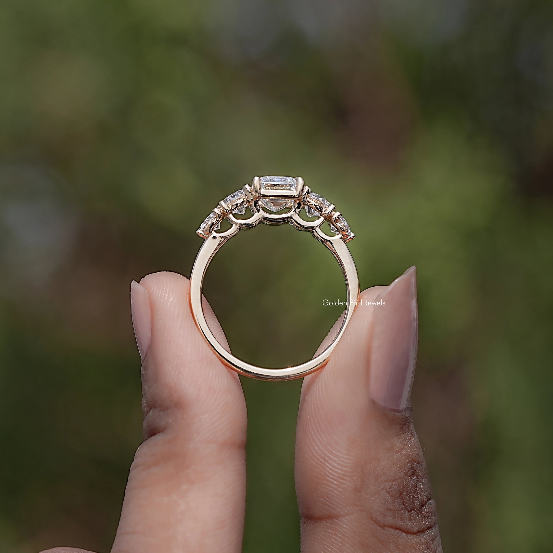 Back view of Emerald Cut Diamond Five Stone Ring