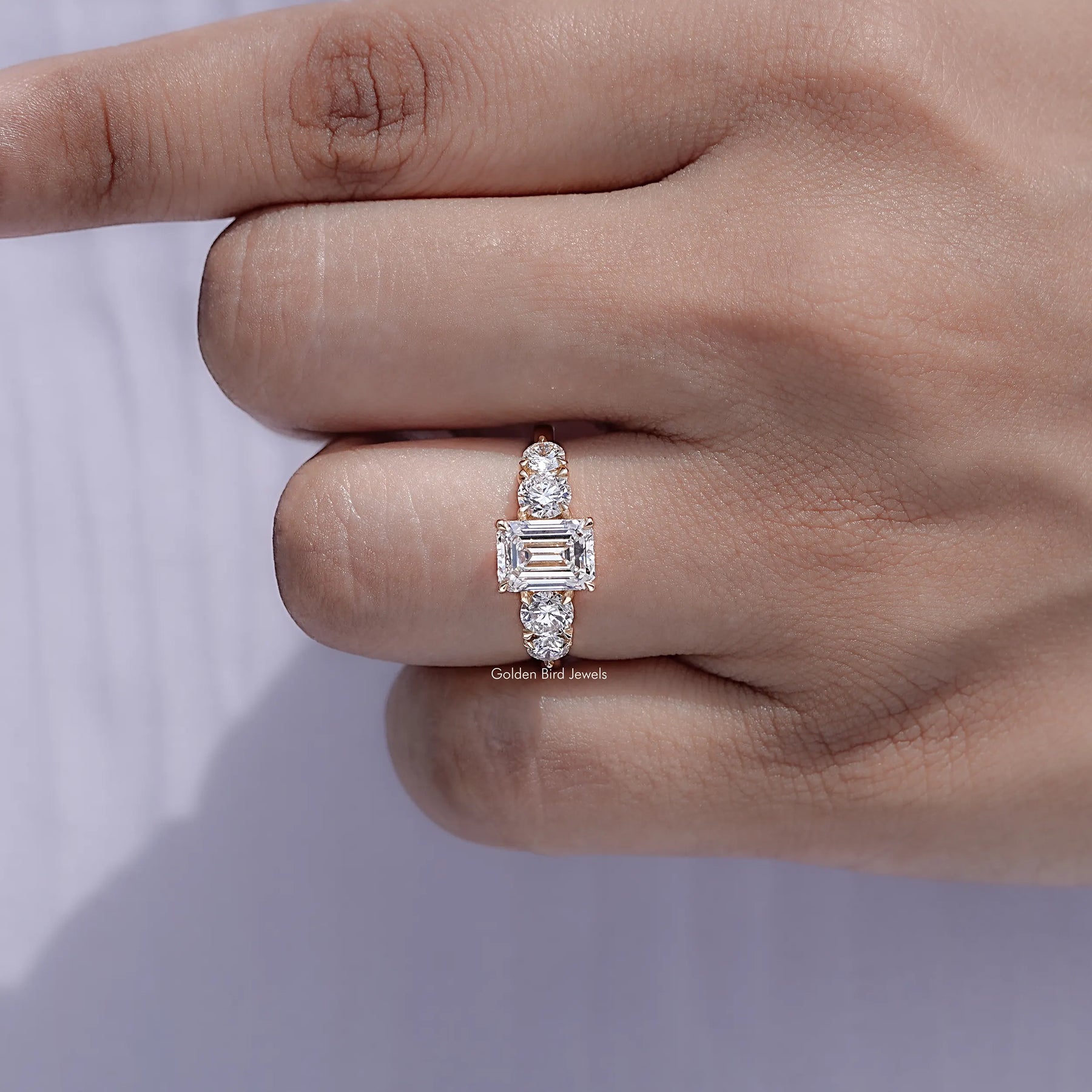 Detailed view of Emerald Cut Lab Diamond Five Stone Ring