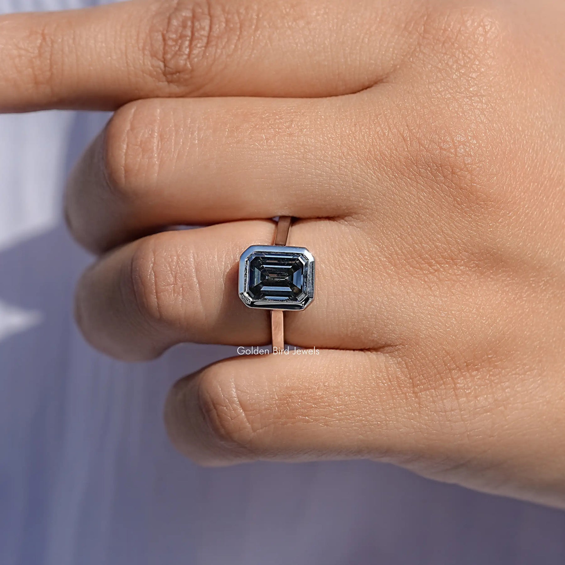 Grey Emerald Cut Moissanite Solitaire Ring