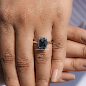Grey Emerald Cut Moissanite Solitaire Ring