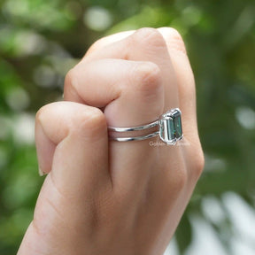View Of Dark Green Emarald Cut Moissanite Engagement Ring