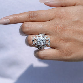 In finger front view of Long Art Deco Round Shape Ring  in unique shape