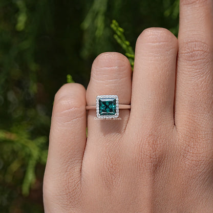Green Square Moissanite Gemstone Halo Engagement Ring