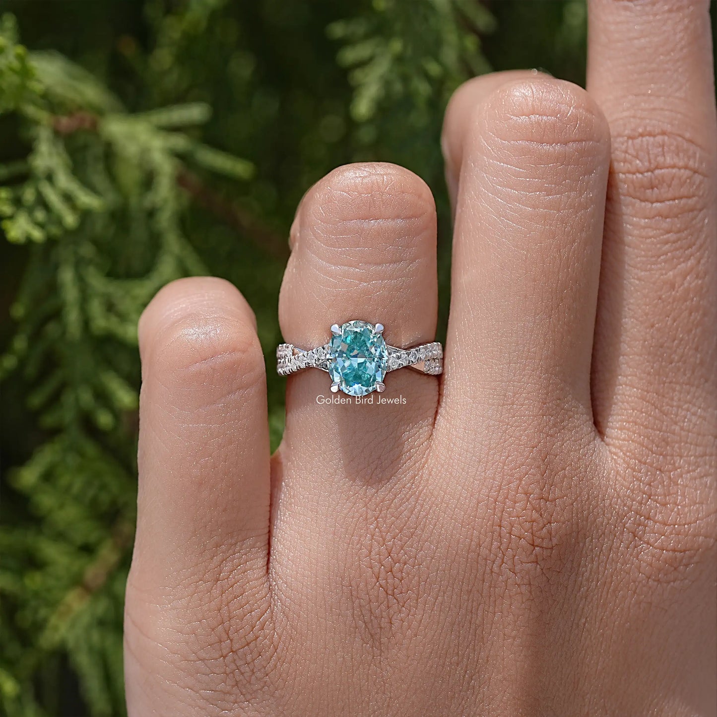 Blue Oval Moissanite Gemstone Accent Wedding Ring