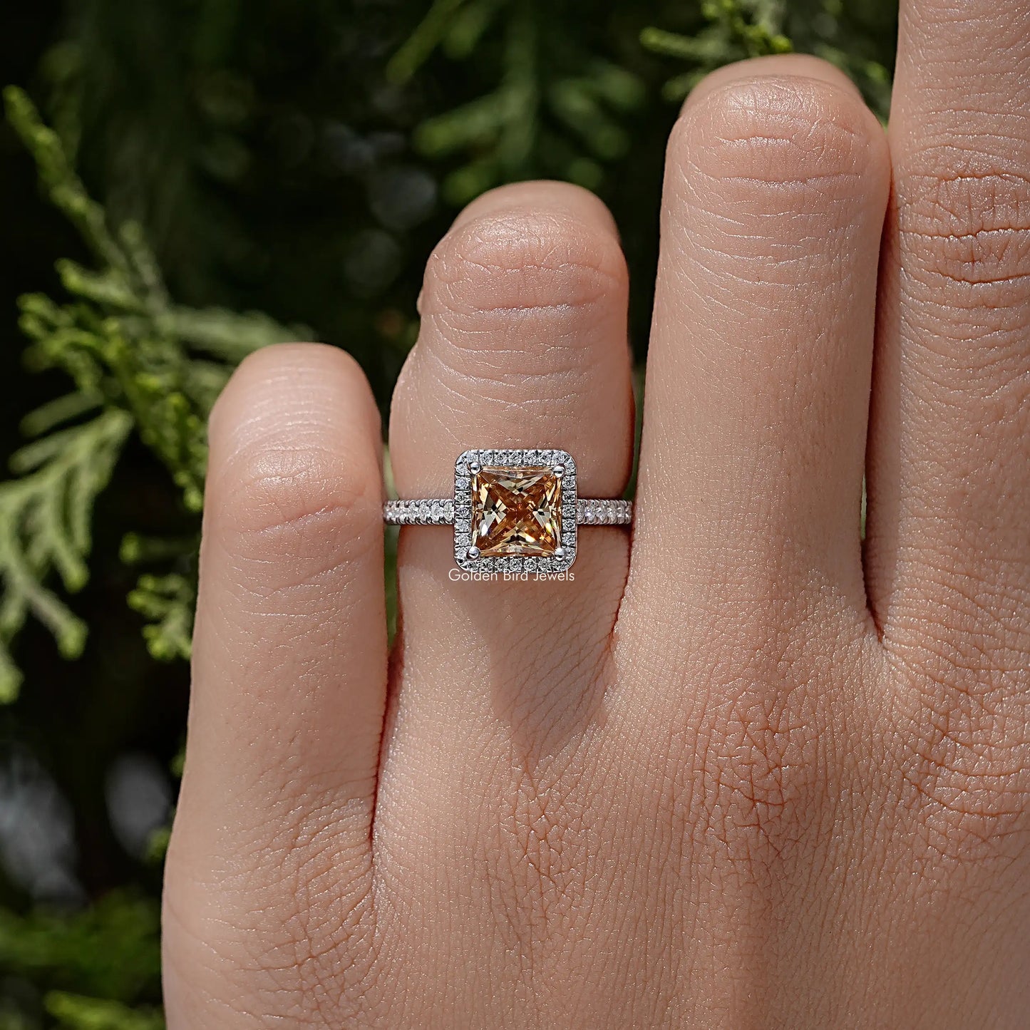 Princess Cut Moissanite Gemstone Halo Accent Wedding Ring