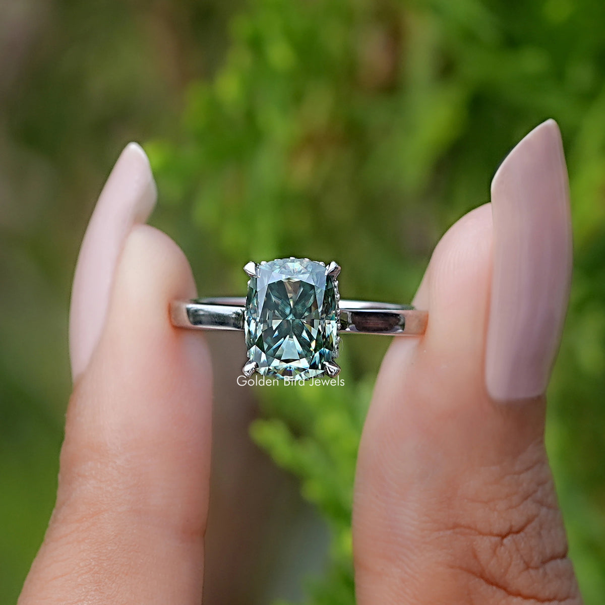 View Of Fancy Green Elongated cushion moissanite hidden halo ring 