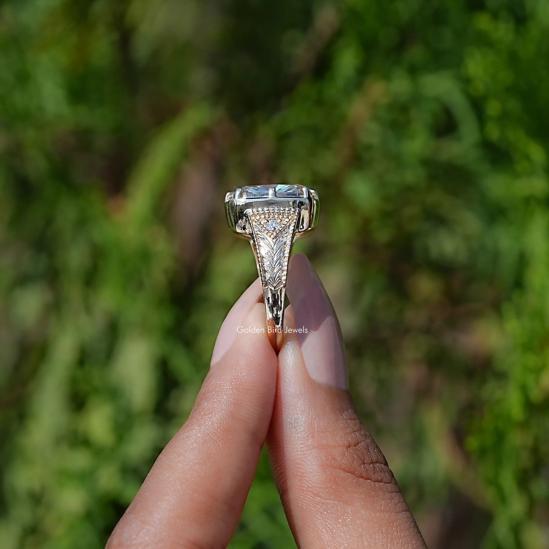 Side View of Filigree Yellow Elongated cushion Moissanite Ring 
