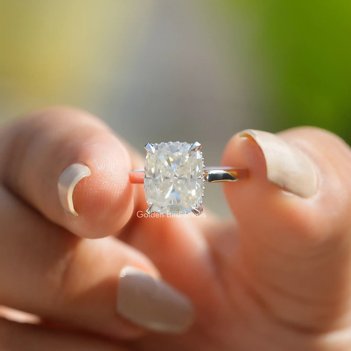 Elongated Cushion Lab Diamond Hidden Halo Ring