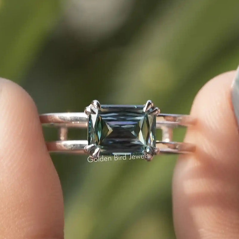 Blue Criss Cut Moissanite Solitaire Engagement Ring