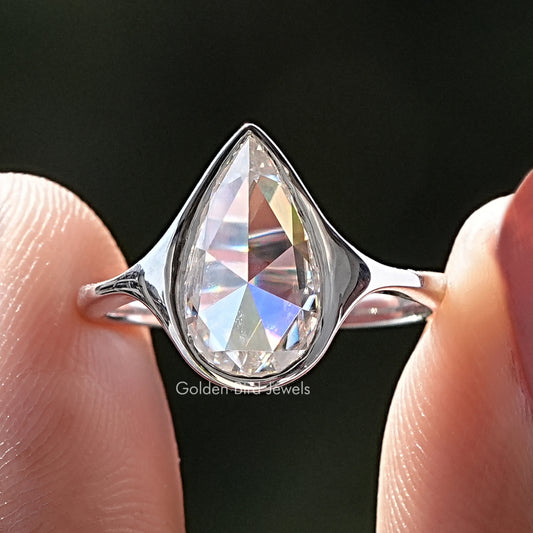 Rose Cut Pear Moissanite Bezel Set Ring