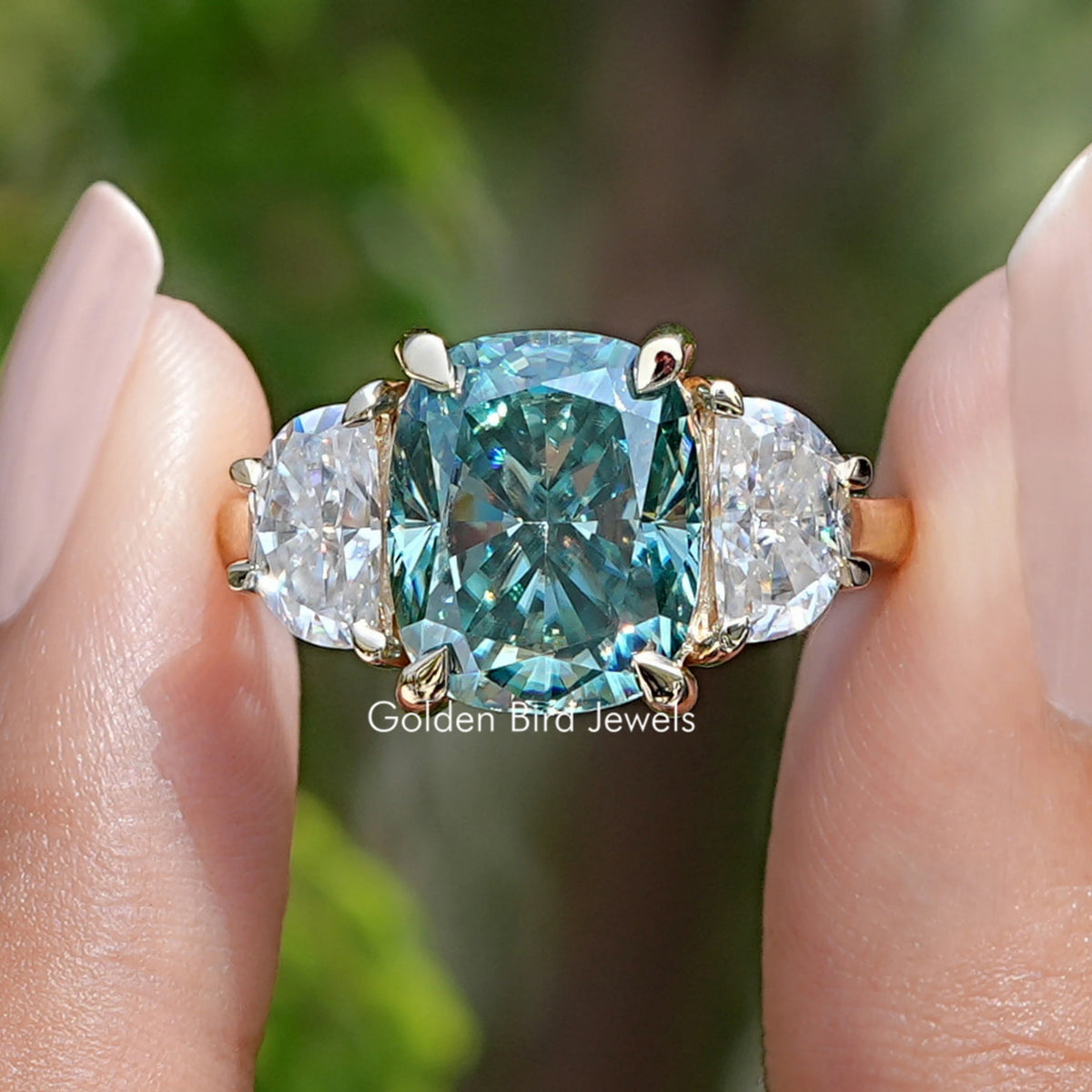 Elongated Green Cushion Cut Moissanite Three Stone Ring