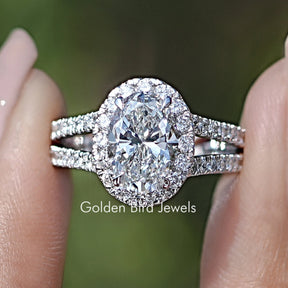 Oval Cut Halo Diamond Split Shank Engagement Ring