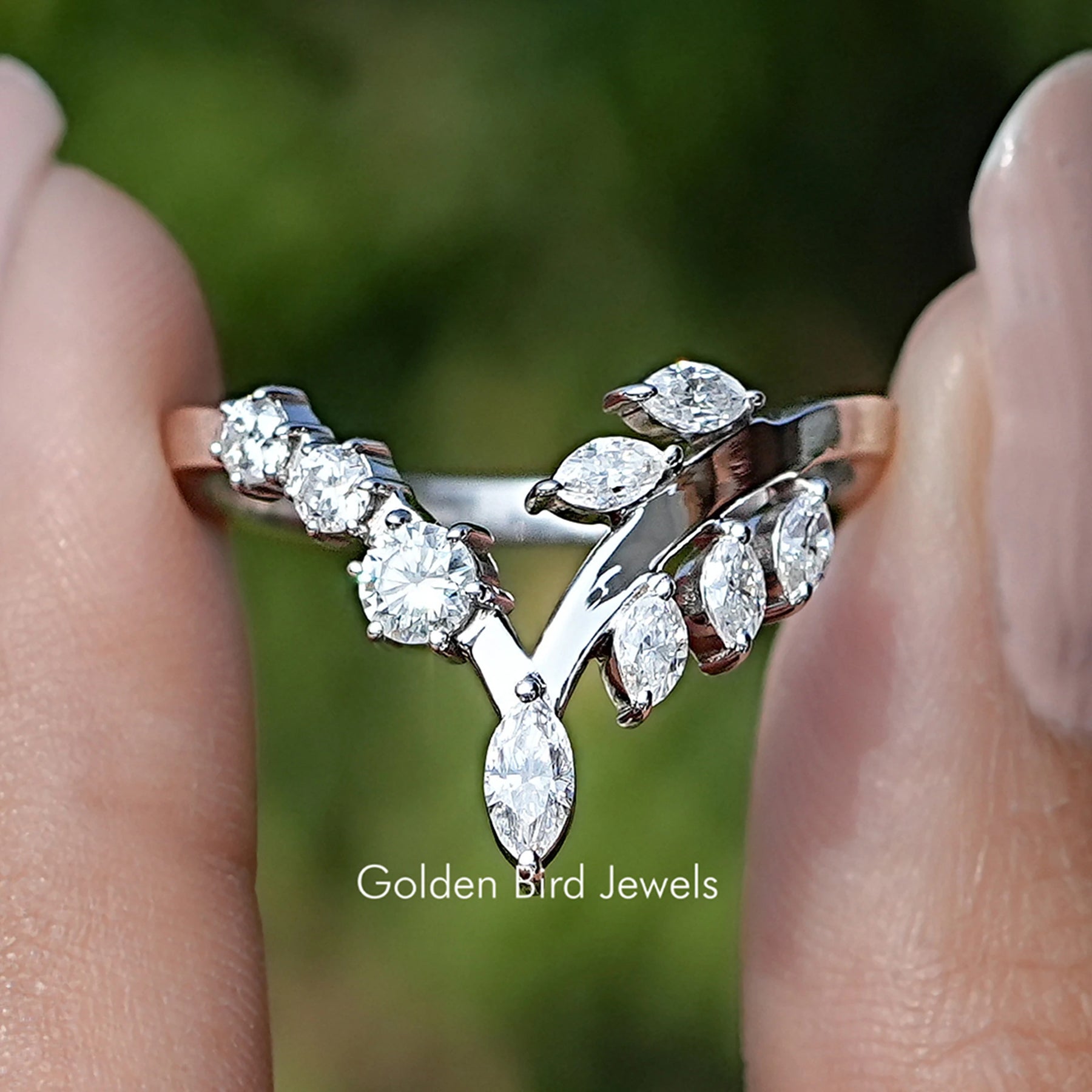 Marquise Cut V Shape Curved  Moissanite Wedding Band