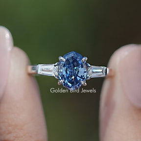 Blue Step Cut Oval Moissanite Three Stone Ring