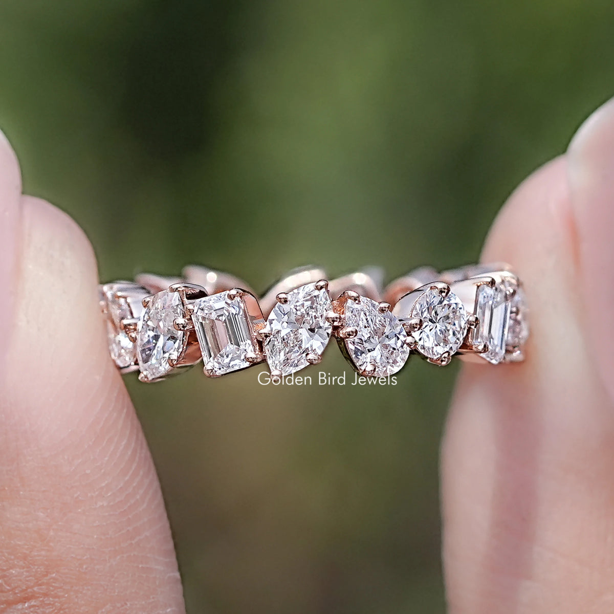 Front view of Multi Shape Lab Diamond Full Eternity Wedding Band in two fingers 