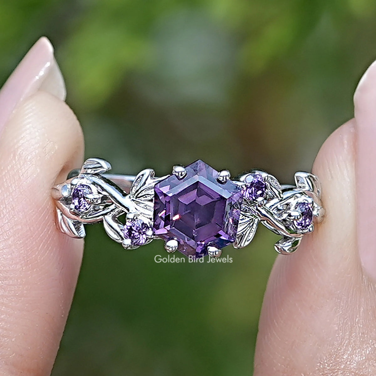 Purple Amethyst Hexagon Cut Leaf Engagement Ring