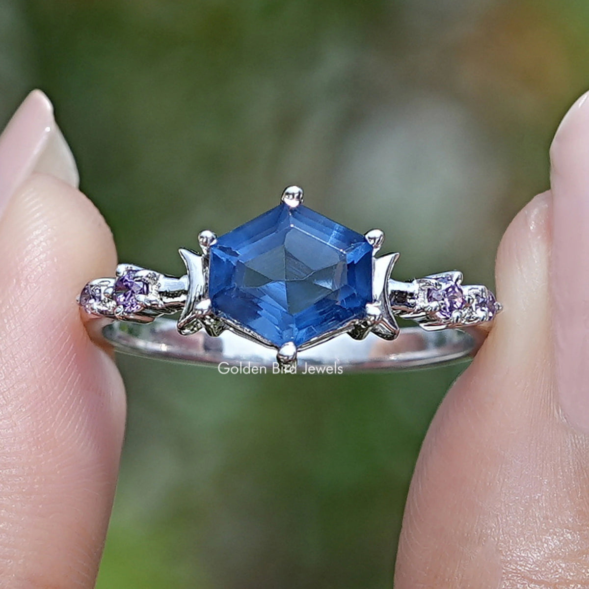 Sapphire Blue Hexagon Gemstone Engagement Ring